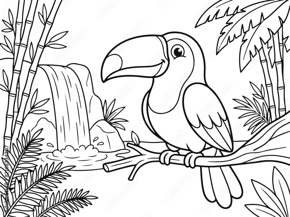 Naklejka premium Coloring page with a cute toucan sitting on a branch near a waterfall