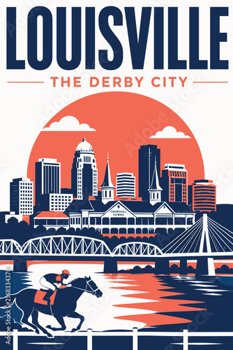 Louisville Derby City Travel Poster - Skyline and Horse Racing Illustration