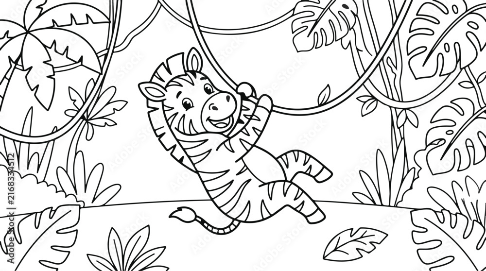 Naklejka premium Cute cartoon zebra swinging on a jungle vine, coloring page for kids