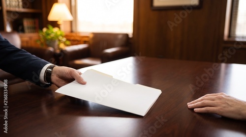 Professional hands exchanging important documents across a dark office desk