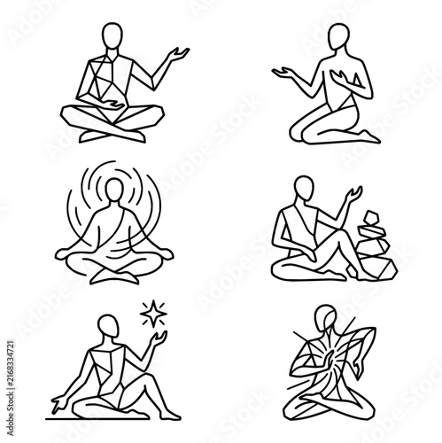 Meditation And Mindfulness Yoga Poses Line Art Icon Set Vector