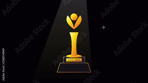 Golden excellence trophy animation on 4k black background, for corporate achievement, and success recognition