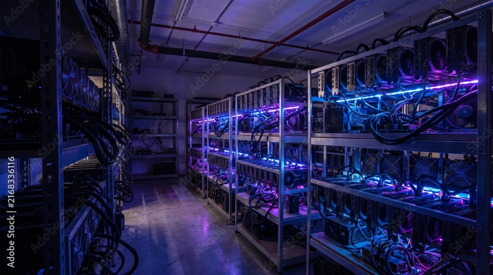 Fototapeta premium A modern data center filled with cryptocurrency mining rigs.