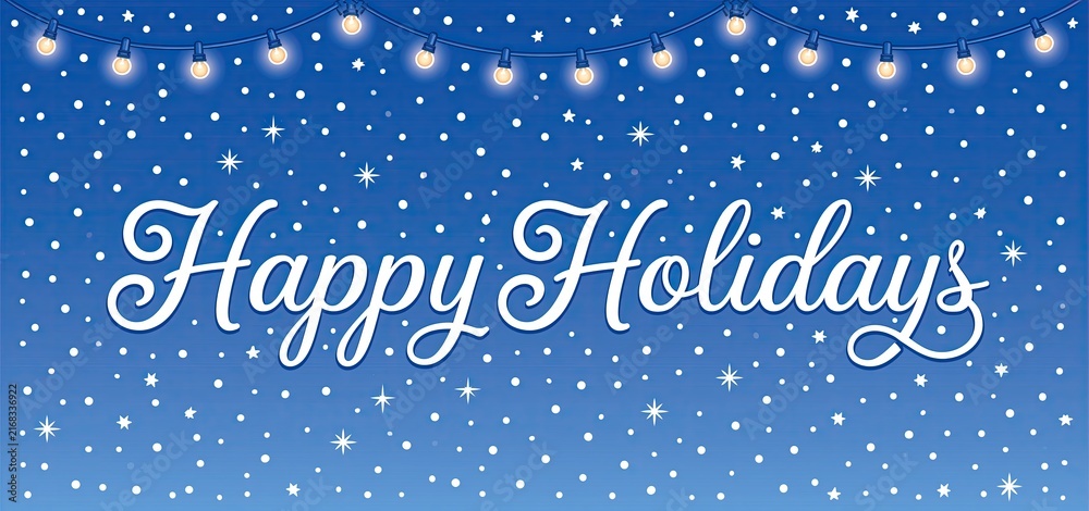 Naklejka premium Festive holiday banner with elegant calligraphy and glowing lights on a deep blue background.