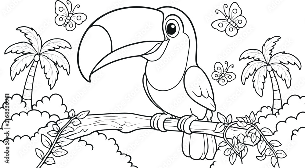 Naklejka premium Cute toucan bird sitting on a tree branch in the jungle, surrounded by palm trees and butterflies, coloring page for kids