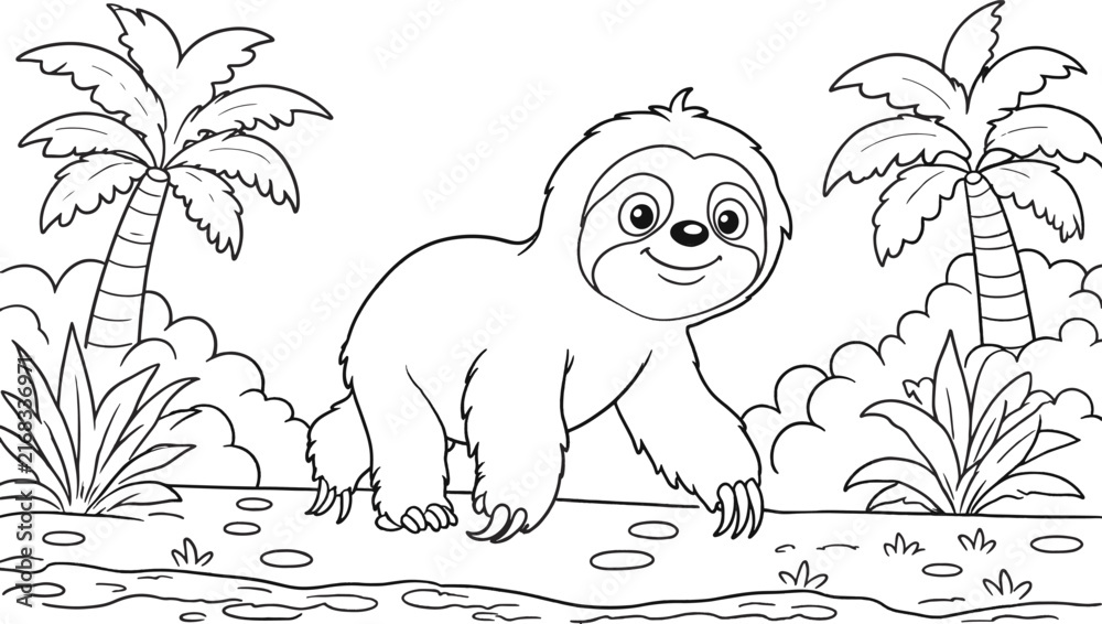 Naklejka premium Cute cartoon sloth walking in the jungle, coloring page for kids