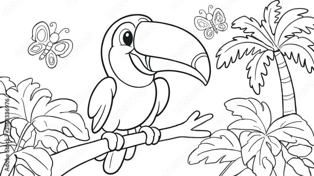 Naklejka premium Cute cartoon toucan bird on a branch with butterflies, coloring page for kids