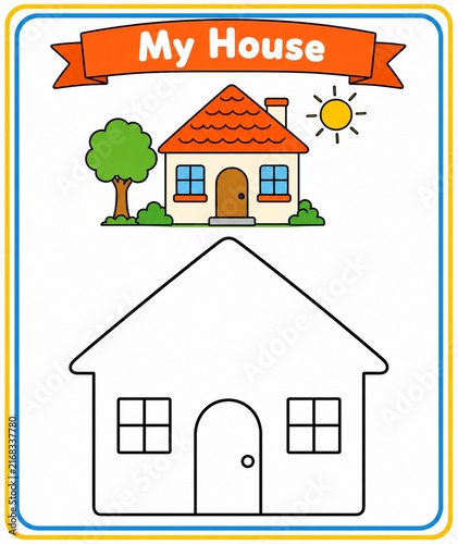 My House Coloring Page: A child-friendly illustration features a cheerful house with a tree, sun, and bushes, alongside a blank outline for coloring fun, promoting creativity and learning.