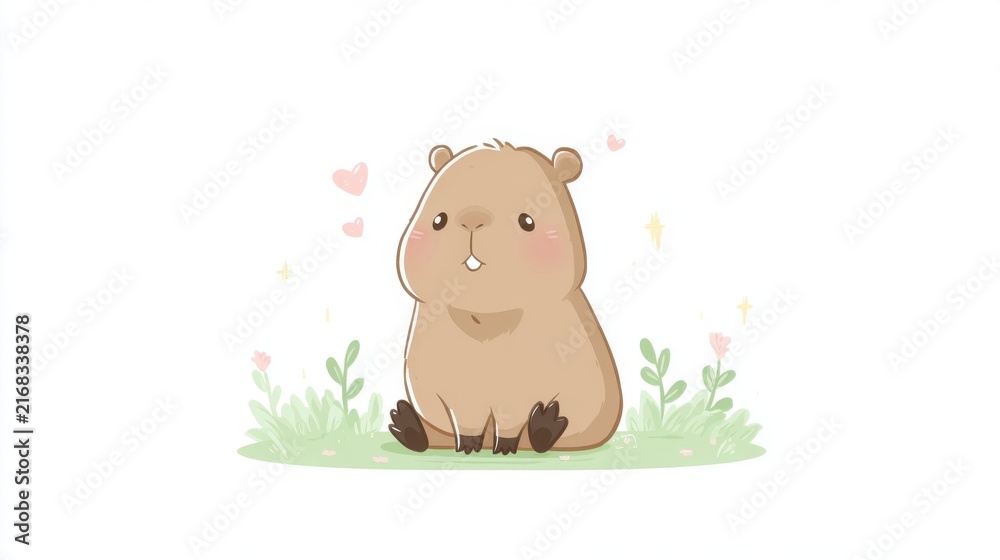 Fototapeta premium Cute cartoon capybara sitting in a field of grass with flowers and hearts. An adorable, friendly capybara illustration with soft, pastel color palette, perfect for children's themes and animal lovers