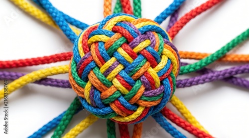 A colorful woven monkey fist knot made from multiple strands of rope with spherical knot