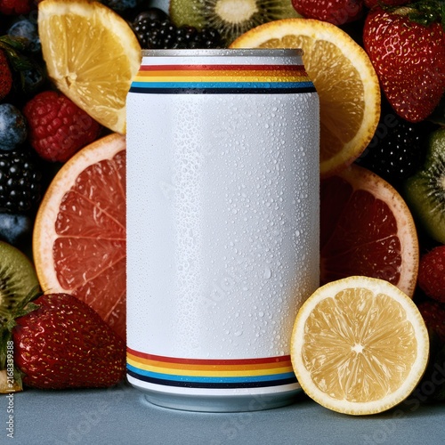 White beverage can with rainbow stripes, surrounded by vibrant assorted fresh fruits