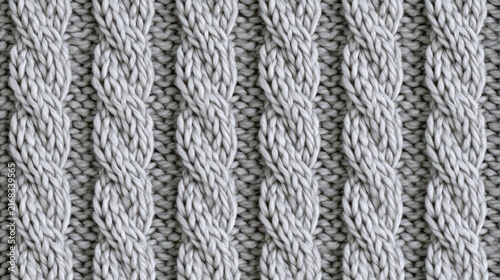 Close-up of a textured, grey, cable-knit fabric with vertical braided patterns