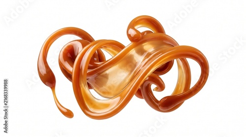 Smooth Liquid Caramel Swirls Flowing in Dynamic Artistic Shapes on Pure White Background