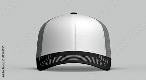 Clean white and gray trucker hat with black brim and stitching