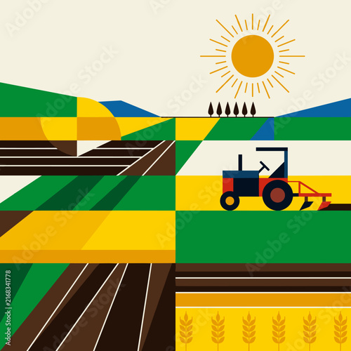 Geometric flat design illustration of tractor in agricultural fields.