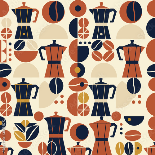Geometric pattern with moka pots and coffee beans.