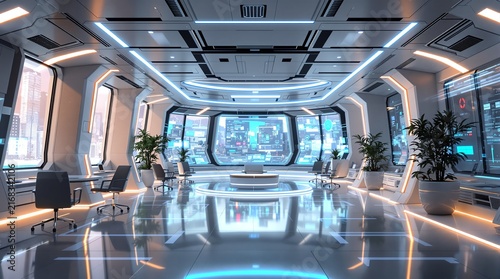 Futuristic spaceship command center or high-tech sci-fi office interior with panoramic windows and plants