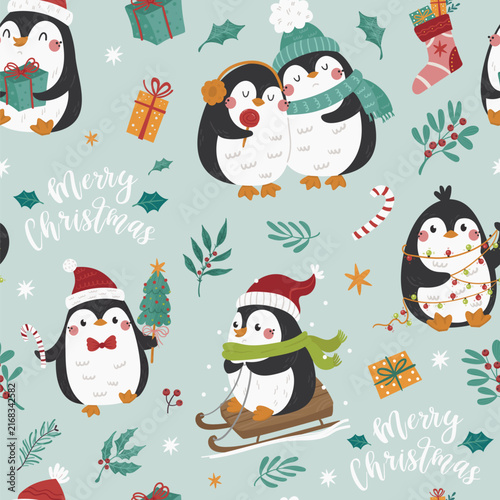Christmas seamless pattern with penguins enjoying winter activities.