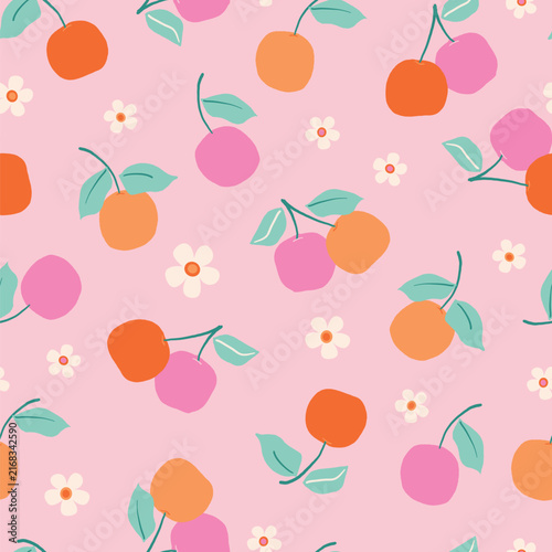 Seamless vector pattern featuring cute hand-drawn cherries and flowers on a light pastel pink background.