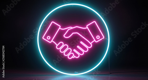 A neon sign depicting a handshake symbol in pink and blue, representing agreement, partnership, or deal-making, glowing in a dark environment.
