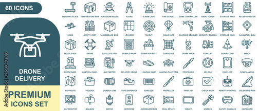Фотография Drone delivery icon sheet with sixty line symbols describing logistics, equipmen