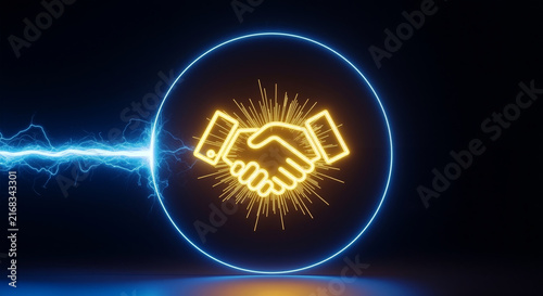 Digital handshake with glowing neon light and electric energy representing partnership and technology.