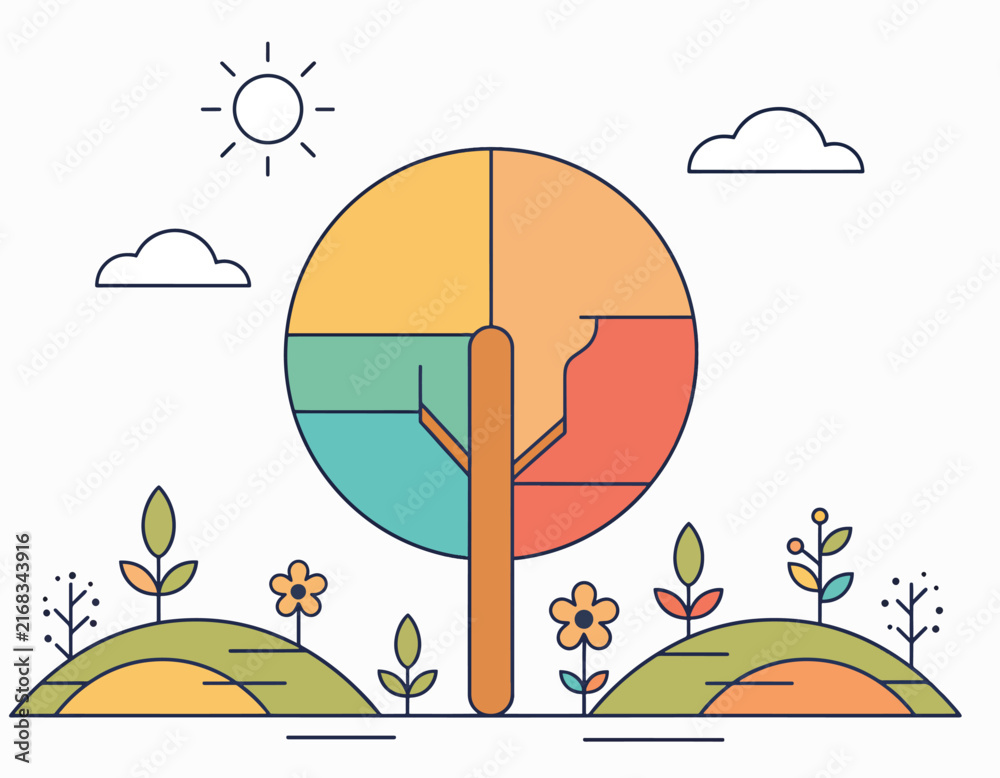 Fototapeta premium Colorful pie chart with growth icons and plants on green field.