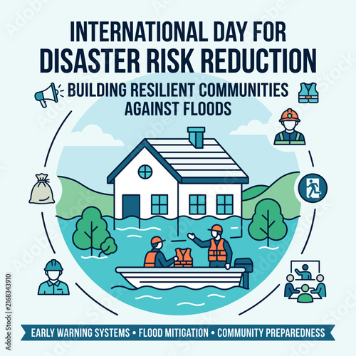 Flood disaster risk reduction infographic with house and boat.