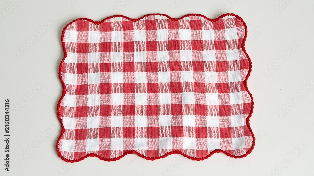Fototapeta premium Pink and white gingham checkered cloth napkin with a red scalloped crochet edge, flat lay on white background for picnic and dining concepts