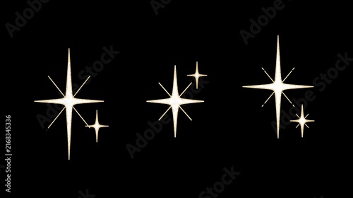 Minimalist hand-drawn sparkling four-point stars illustration with glowing golden texture isolated on black background