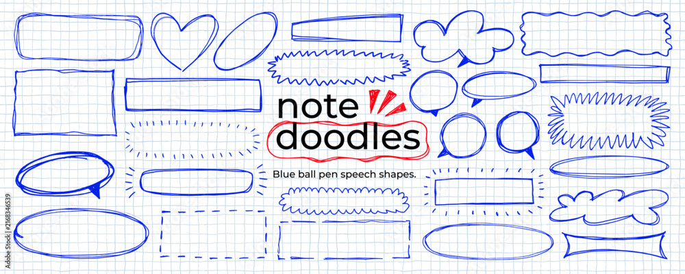 Naklejka premium Blue ball pen text cloud, rectangles and boxes, heart shapes and speech bubbles clipart for notes. Hand drawn vector doodle text boxes on notebook checkered paper sheet. Social bubbles.