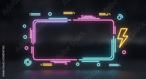 A vibrant neon light frame with a lightning bolt symbol on a dark background, showcasing modern digital aesthetics.