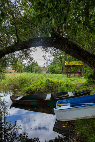 Collection of colorful weathered wooden rowboats moored beside a rustic dock beneath sprawling willow trees on a calm lakeshore.