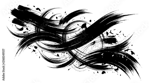 Foto Dynamic black ink brush strokes vector illustration featuring sweeping circular