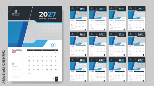2027 Wall Calendar Design Template, Modern Corporate Annual Calendar Design