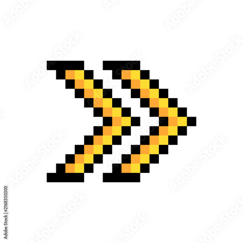 Double arrows fast forward speed up icon pixel art style yellow black frame. Right pointing yellow pixelated speed control UI game asset isolated white background