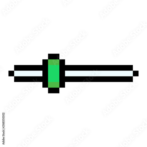 Slider bar volume control adjustment UI element pixel art style green black outline. Horizontal slider track green handle pixelated video game setting UI asset isolated white background