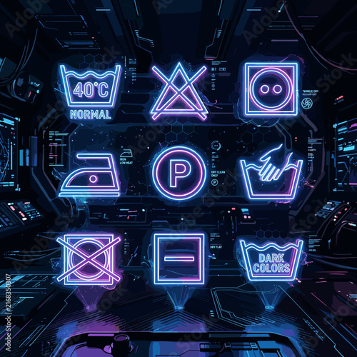 Futuristic neon laundry care instruction symbols on dark background.