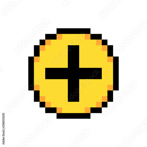Plus add zoom in button round control pixel art style icon yellow color. Round button black plus sign pixelated game UI interface graphic asset isolated white background
