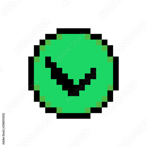 Check mark confirm agree checkmark button pixel art style green round icon. Circular black check mark pixelated game menu UI control graphic asset isolated white background