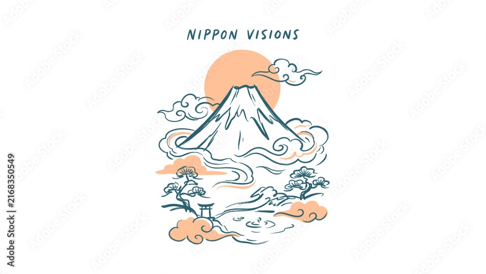 Fototapeta premium Minimalist Hand-Drawn Vector Illustration of Mount Fuji Featuring a Large Red Rising Sun, Traditional Torii Gate, Japanese Pine Trees, and Stylized Clouds, Zen Nippon Visions Concept