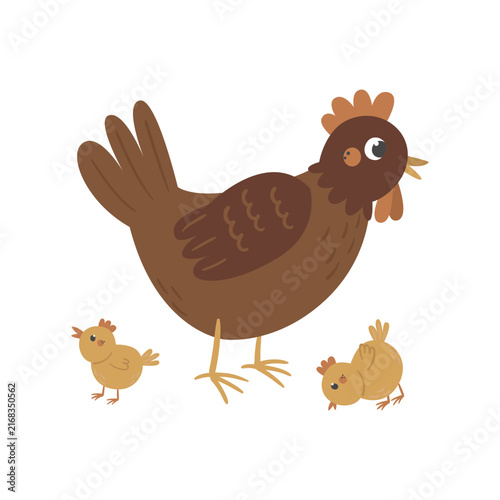 Cute vector illustration of a cartoon mother hen and her two baby chicks isolated on a white background.