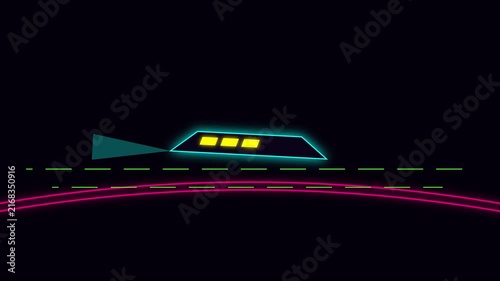 Neon cyberpunk spaceship flying over digital horizon abstract motion animation 4k