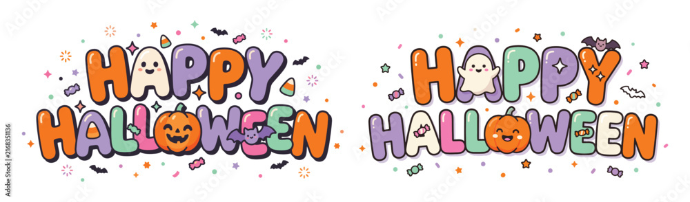 Fototapeta premium Happy Halloween Cartoon Banner With Cute Ghost Pumpkin Bat Confetti and Candy Elements
