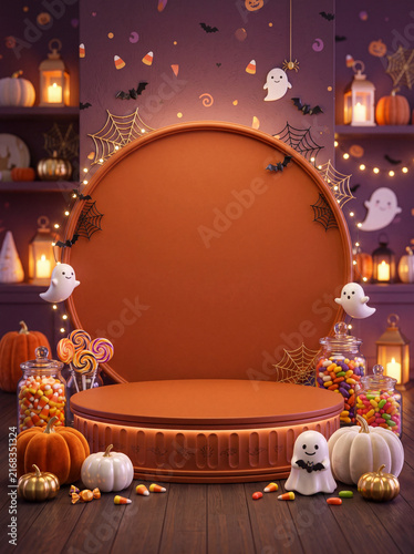 Halloween-themed stage with ghost and pumpkin decorations