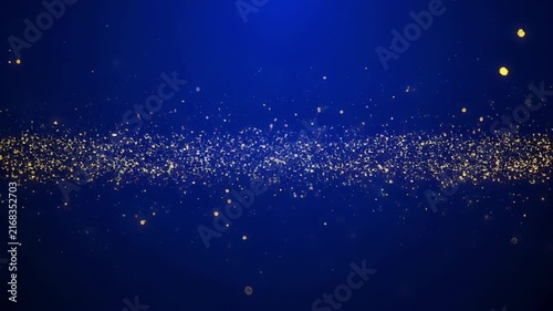 Golden particles stream across deep blue background with subtle bokeh effects during a slow camera fly-through