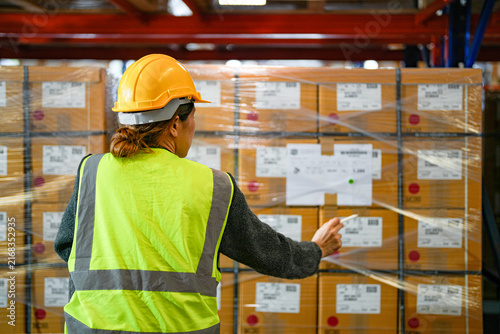 Canvastavla Mature Asian woman working as a warehouse supervisor in protective workwear points at cartons while auditing the stock in a spacious logistics centre filled with shrink wrapped pallets in a