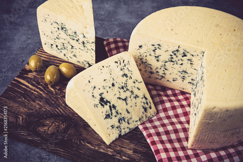 Cheese collection, French blue cheese made from cow milk close up