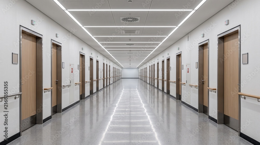 Fototapeta premium Modern Hospital Corridor with Wooden Doors and Clean Floors.