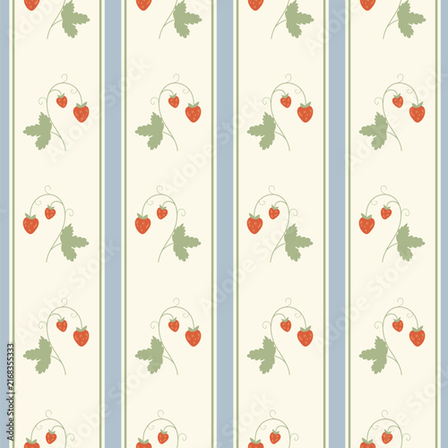 A seamless pattern featuring vertical stripes and strawberries on graceful, curling stems with sage-colored leaves.
